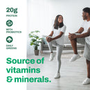 Chocolate All-In-One protein shake with plant-based ingredients featured in lifestyle image