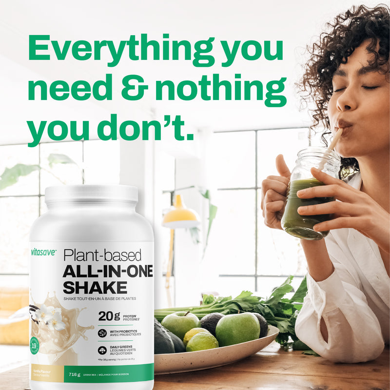 Vitasave Plant-Based All-In-One Shake with greens, enzymes, probiotics and 20g of protein- Vanilla (716 g)