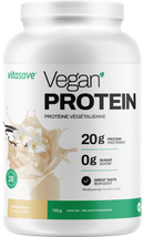 Close-up of Vitasave plant-based protein powder tub, vanilla scent, 750 g size