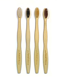 A set of bamboo toothbrushes with different bristle types, displayed vertically with the brand name visible on each toothbrush.
