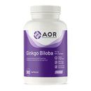 A bottle of AOR Ginkgo Biloba 100 mg capsules with 90 vcaps. The label is purple and white with the brand logo and product information.
