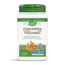 A bottle of Nature's Way Fenugreek Seed capsules with a green and white label, indicating the product is non-GMO and vegetarian.