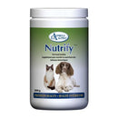 Close-up of Omega Alpha Nutrify powder in a clear container, showcasing the natural ingredients for optimal health and wellness.