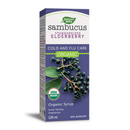 Bottle of Nature's Way Organic Sambucus Syrup placed on a white background, featuring elderberry illustrations and USDA Organic label on the packaging.