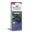 Nature's Way Organic Sambucus Syrup with a spoonful of dark purple elderberry extract, surrounded by fresh elderberries and green leaves.