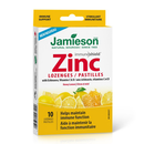 Bottle of Jamieson Zinc Lozenges with Echinacea, Vitamin C & D in Honey Lemon flavor, showing immune support benefits and 60 lozenges per package.