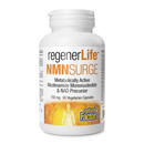 A white bottle labeled “Natural Factors RegenerLife NMNSurge 150 mg” featuring 60 vegetarian capsules, with a green capsule and “60 VCaps” prominently displayed on the front.
