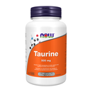 A bottle of NOW Taurine 500 mg containing 100 capsules, primarily orange and white in color.