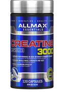 Bottle of ALLMAX Creatine 3000 containing 120 capsules, designed to support muscle strength, power, and performance during high-intensity training.