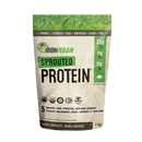 Image of Iron Vegan Sprouted Protein - Double Chocolate (1 kg) featuring a brown and green eco-friendly package. The label highlights plant-based, non-GMO ingredients with 22g of protein per serving and a rich double chocolate flavor.