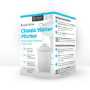 Close-up of the Santevia Alkaline Water Pitcher, showing the water filtration system inside, designed to mineralize and alkalize water for enhanced taste and health benefits.