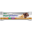 Packaging of Genuine Health Fermented Vegan Proteins+ bar with Peanut Butter Chocolate flavor. The package shows the product name, description, and an image of the bar with peanuts and chocolate pieces.