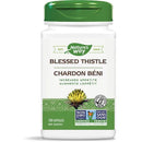 A bottle of Nature's Way Blessed Thistle capsules with a green and white label, including an image of the thistle plant.