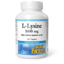 Bottle of Natural Factors L-Lysine 1000 mg, containing 120 tablets, a dietary supplement that supports immune function and helps maintain healthy skin.