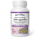 Close-up of Natural Factors Ashwagandha 600 mg packaging, showing a sleek, white bottle with a green cap and label. The text highlights "30 Vegetarian Capsules" and "600 mg" prominently, with a focus on the brand logo and natural supplement description.