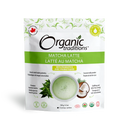 Packaging of Organic Traditions Matcha Latte with Probiotics. The package is white with green accents and displays the product name, an image of the matcha latte, and additional benefits like being dairy-free and coconut-based.
