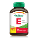 Jamieson Vitamin E 400 IU Extra Strength bottle, bonus size with 120 softgel capsules, featuring a yellow and orange label.