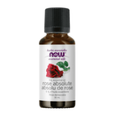 NOW Rose Absolute Oil Blend (30 mL) – A small amber glass bottle with a black cap, featuring a pink rose illustration on the label. This essential oil blend is designed for aromatherapy use, offering a rich and floral rose scent.