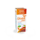 Boiron Stodal syrup bottle — a yellow-capped glass bottle labeled ‘Stodal’ with herbal-themed packaging and the subtitle ‘Children’s Honey Cough Syrup’ next to a measuring syringe, all against a plain white background.