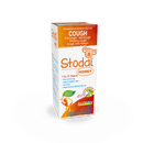 Close-up of Boiron Stodal box and bottle — the cardboard box prominently displaying ‘Stodal’, the indication ‘Honey Cough Syrup for Dry/Wet Cough’, with botanical illustrations, beside the amber-colored bottle and dosing syringe.