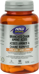 NOW Branched Chain Amino Acids (BCAA) VCaps bottle featuring 120 vegetarian capsules for muscle recovery and endurance support.