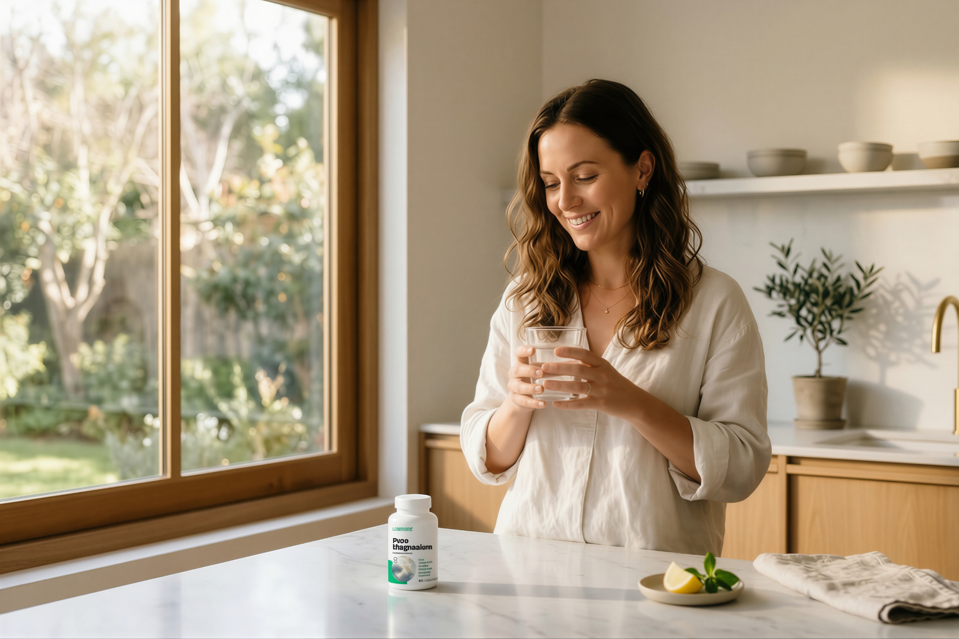 Woman preparing a healthy smoothie with supplements in a bright kitchen